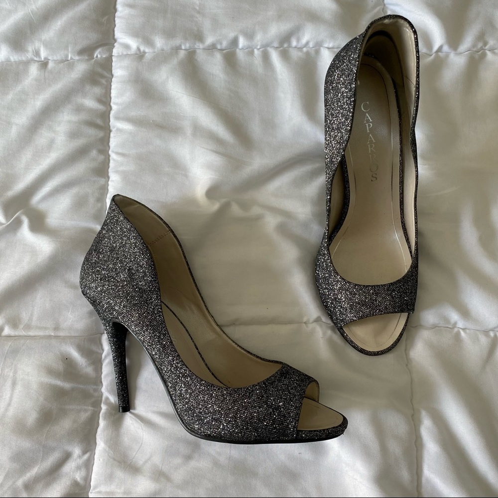 Caparros Neo Black and Silver Platform Open Toe Heel